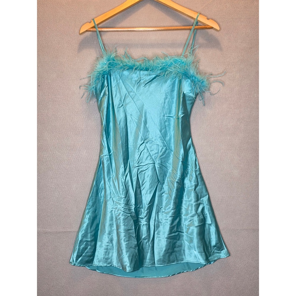 Thirty Three Turquoise Satin Feather Trim Mini Dress Open Back Tie Blue Medium